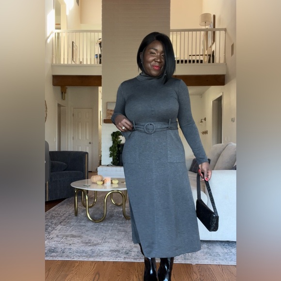 Loft Long Grey Belted Dress - Picture 2 of 3